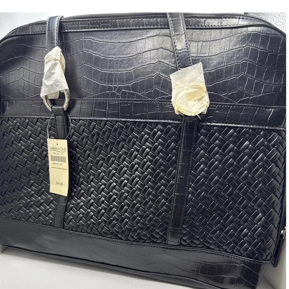 Coldwater Creek Hampton Computer Bag Black‎ Woven Croc Embossed Laptop Tote NWT